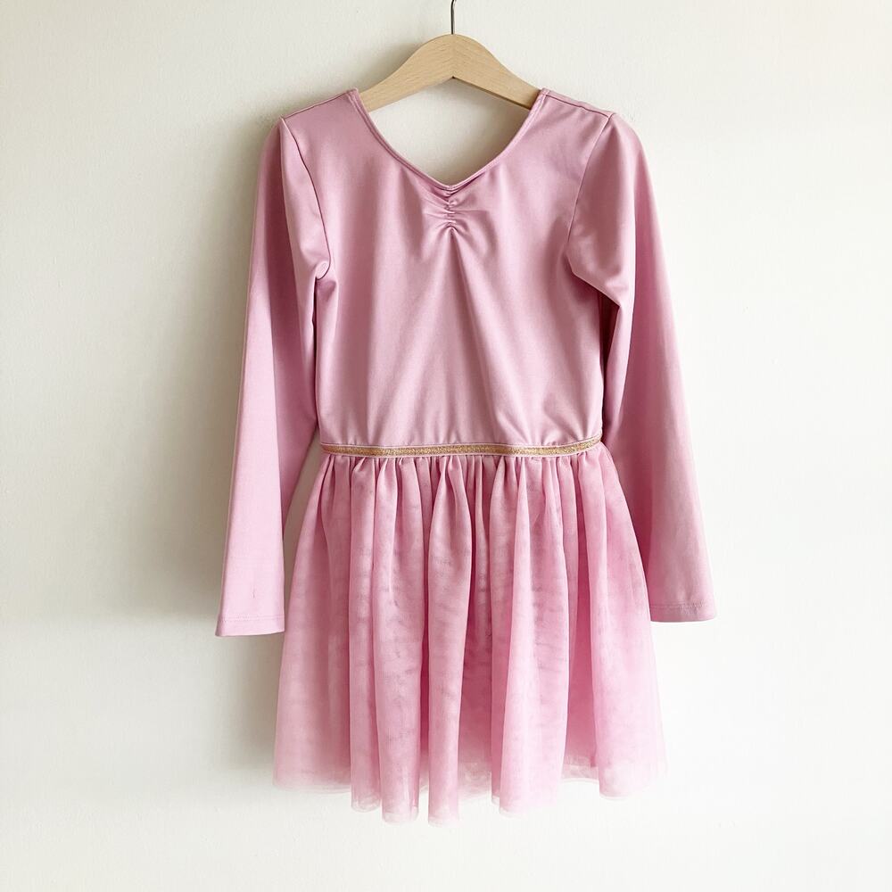 Next Girls Ballet Tutu Leotard Dress Girls Sz 6 Pink Long Sleeve Gold Trim Dance